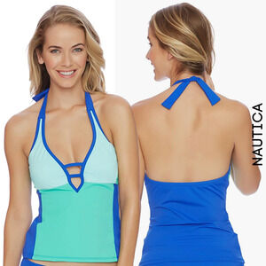 Nautica NWT Blue Teal Color Block Strappy Front Removable Pads Halter Tankini XS